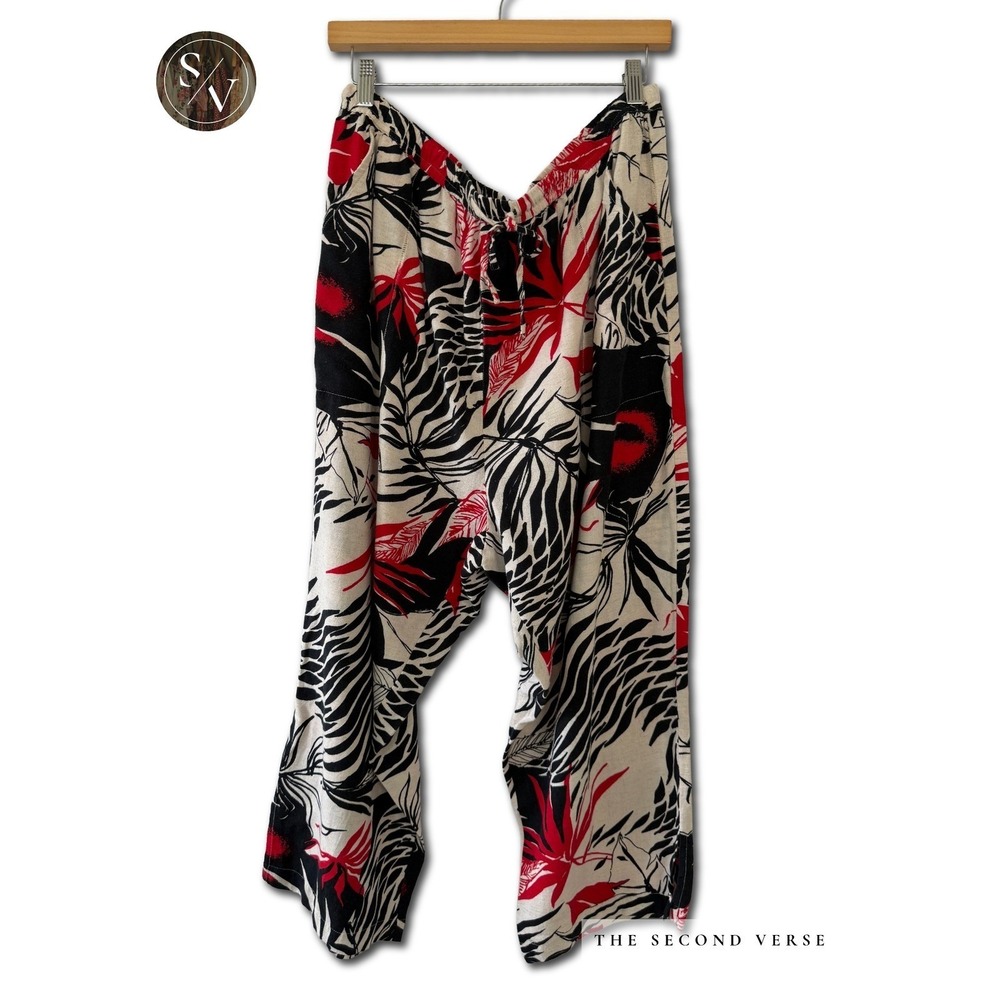 VTG Tropical Palm Print Linen Pants Red Black Cream Wide Leg Pull On Drawstring - Picture 2 of 10